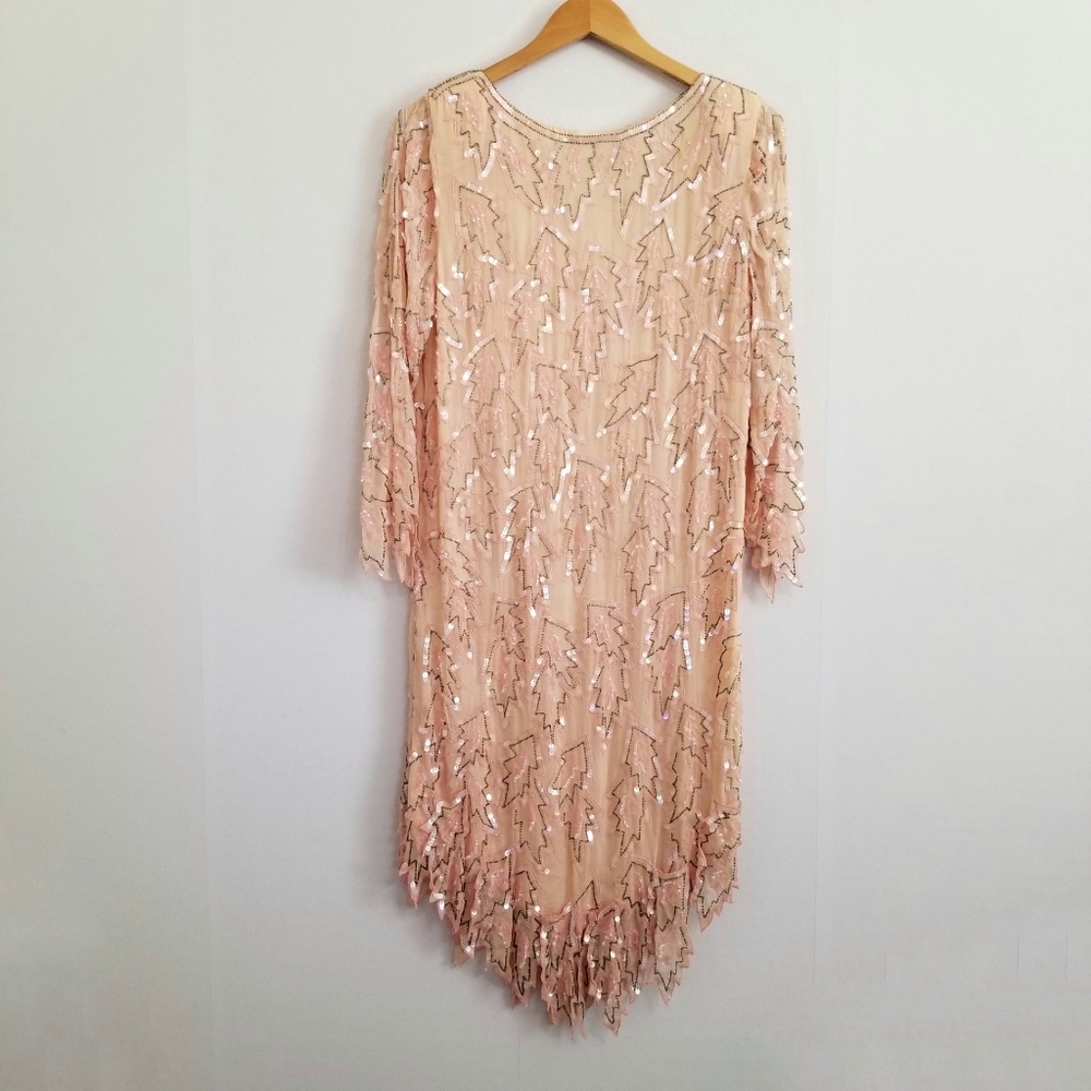 Vintage 70's Chanson D'Amour Light Pink Sequin 100% Silk Dress Size Small
